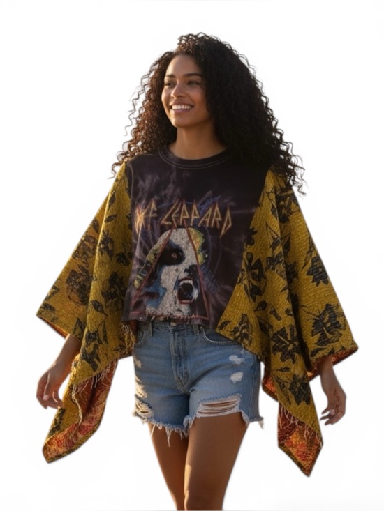 Handmade Tops - DEF LEPPARD Reworked Band Tee Poncho Style Boho   Granny D Original OS